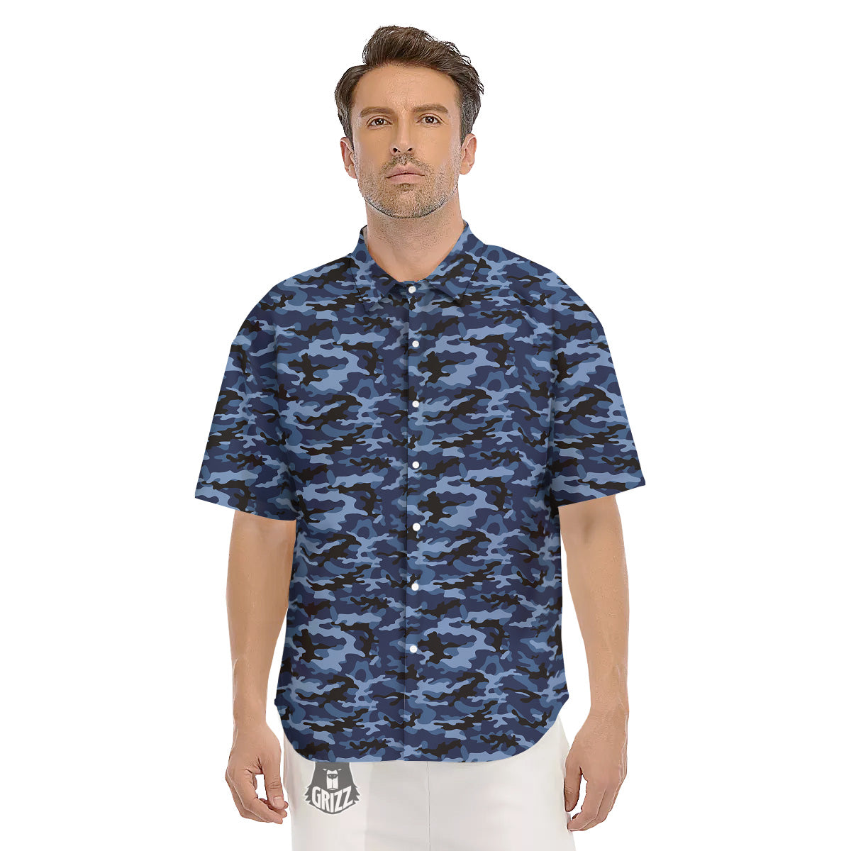 Camouflage Black And Blue Print Men's Short Sleeve Shirts-grizzshop