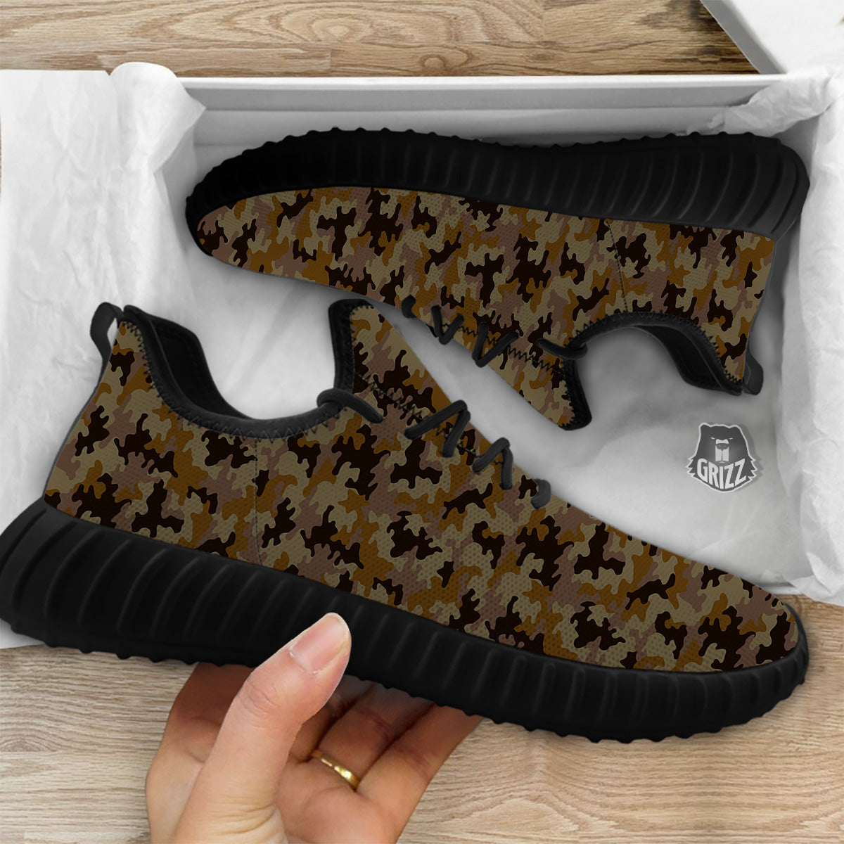 Camouflage Black And Brown Print Black Walking Shoes-grizzshop
