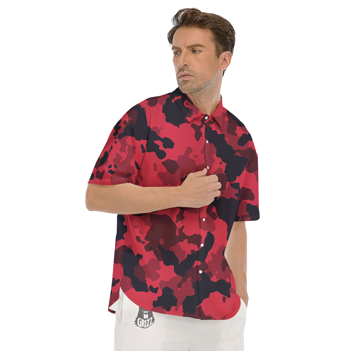 Camouflage Black And Red Print Men's Short Sleeve Shirts-grizzshop