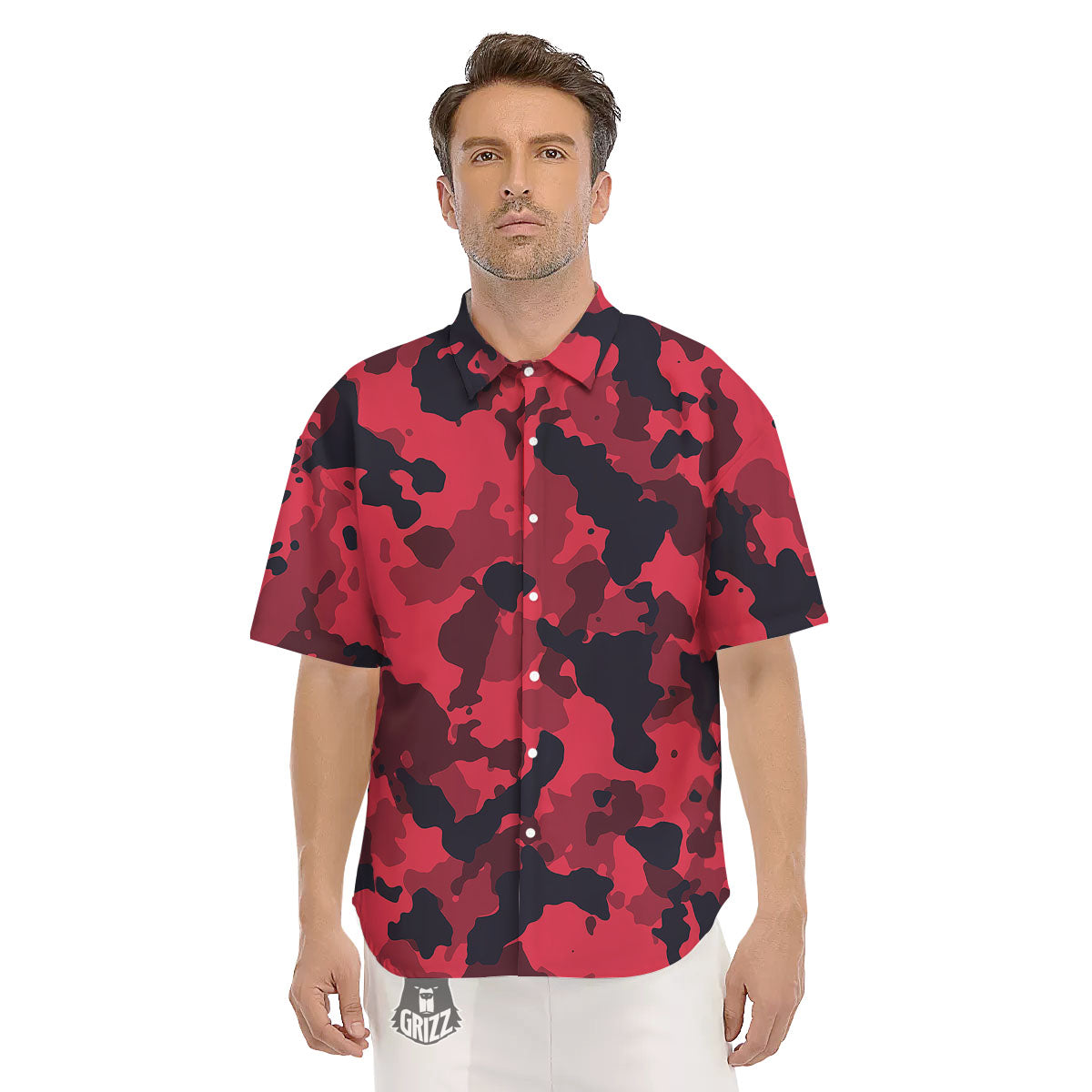 Camouflage Black And Red Print Men's Short Sleeve Shirts-grizzshop