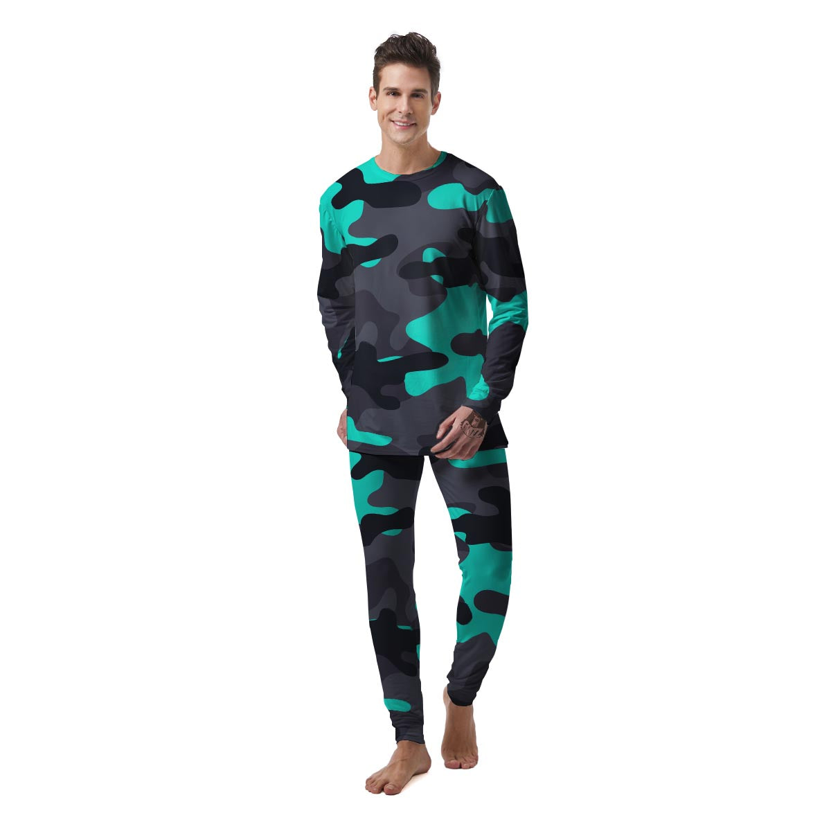 Camouflage Black And Teal Print Men's Pajamas-grizzshop