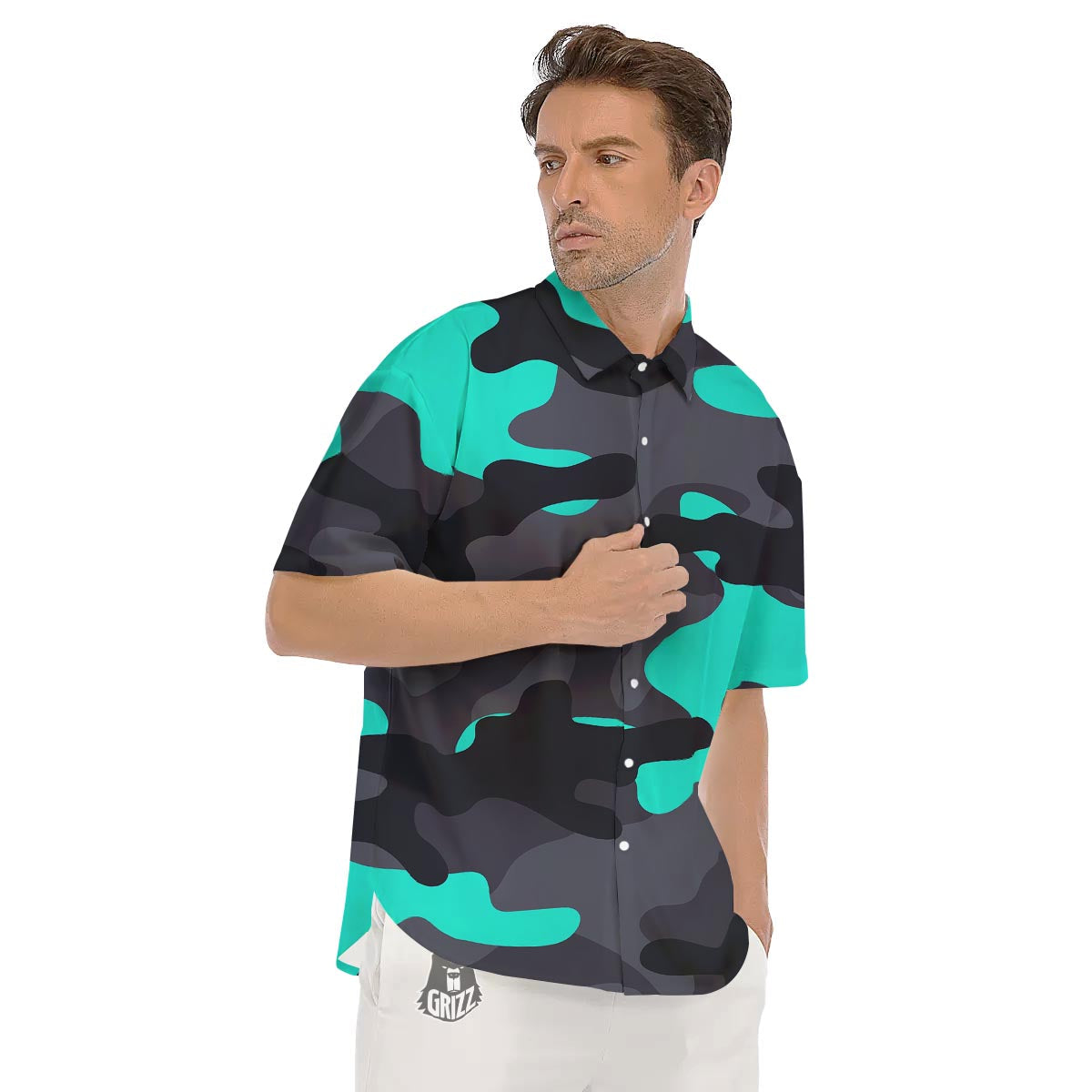 Camouflage Black And Teal Print Men's Short Sleeve Shirts-grizzshop