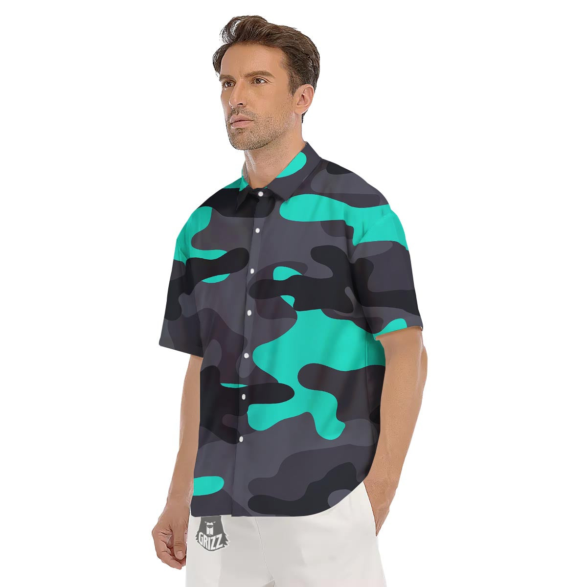 Camouflage Black And Teal Print Men's Short Sleeve Shirts-grizzshop