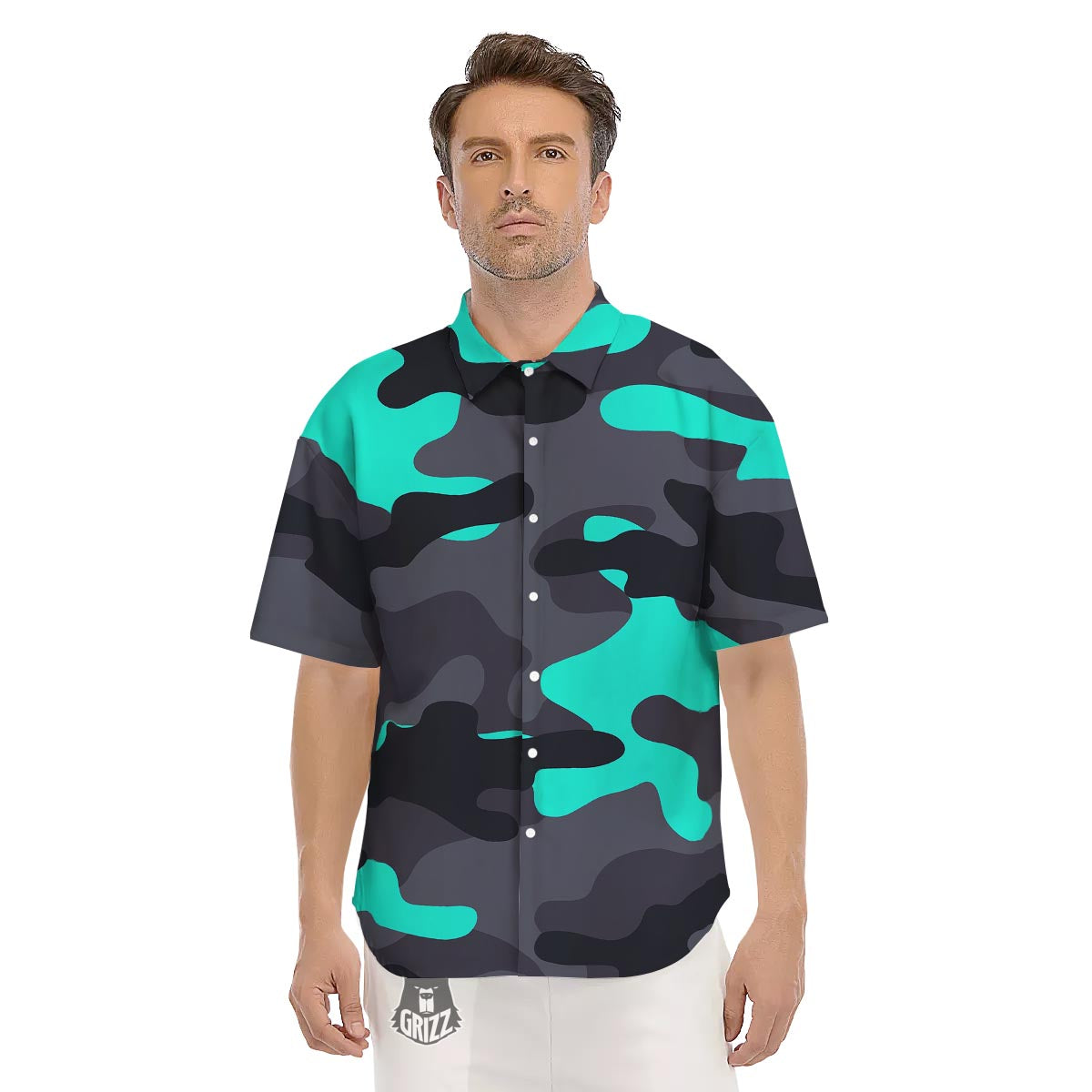 Camouflage Black And Teal Print Men's Short Sleeve Shirts-grizzshop