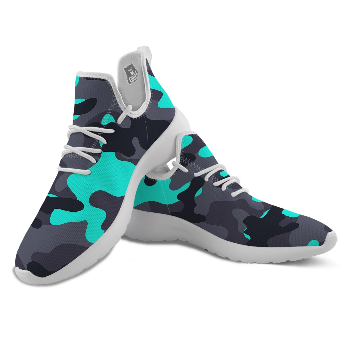 Camouflage Black And Teal Print White Athletic Shoes-grizzshop