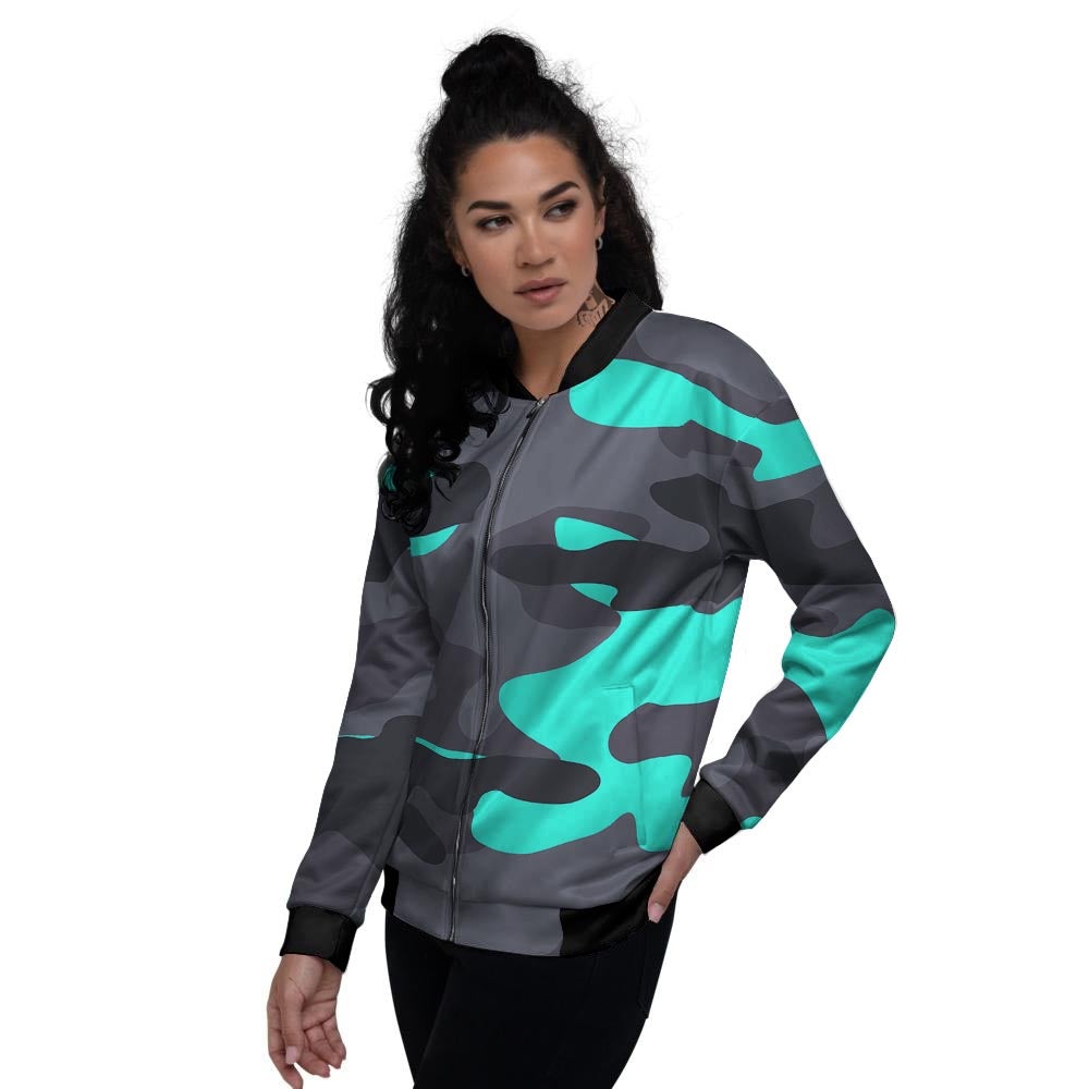 Camouflage Black And Teal Print Women's Bomber Jacket-grizzshop