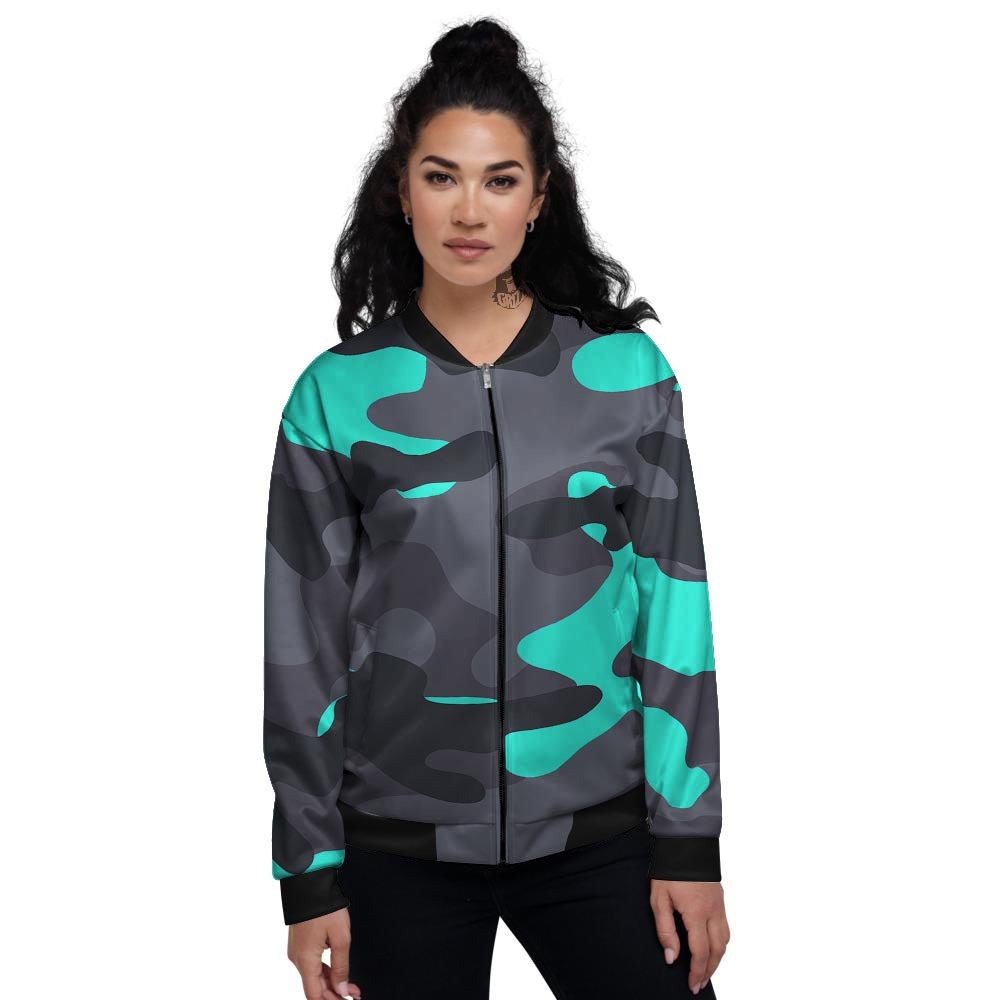 Camouflage Black And Teal Print Women's Bomber Jacket-grizzshop