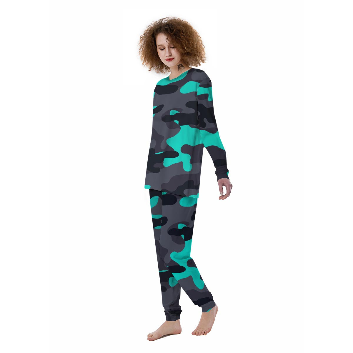 Camouflage Black And Teal Print Women's Pajamas-grizzshop