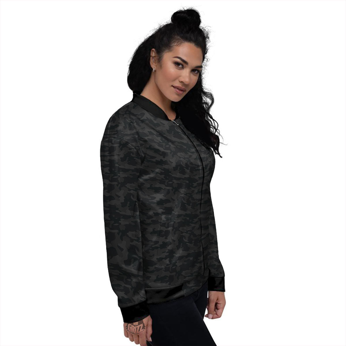 Camouflage Black Print Women's Bomber Jacket-grizzshop