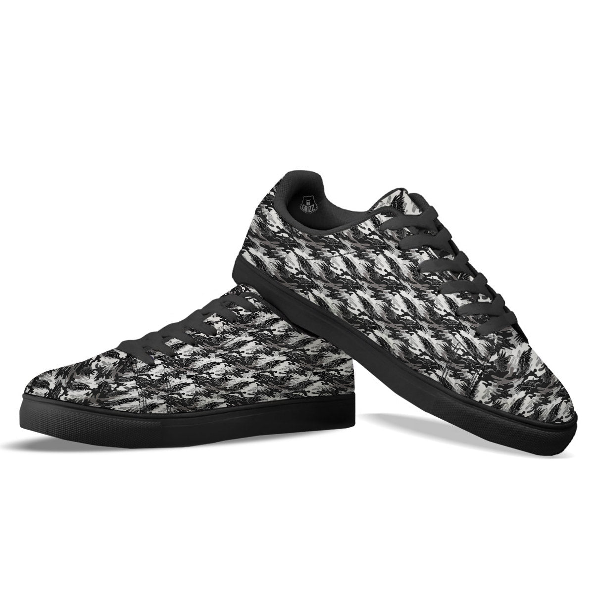 Camouflage Black Wings Print Pattern Black Low Top Sneakers-grizzshop