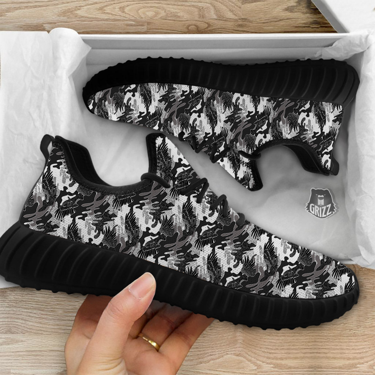 Camouflage Black Wings Print Pattern Black Walking Shoes-grizzshop