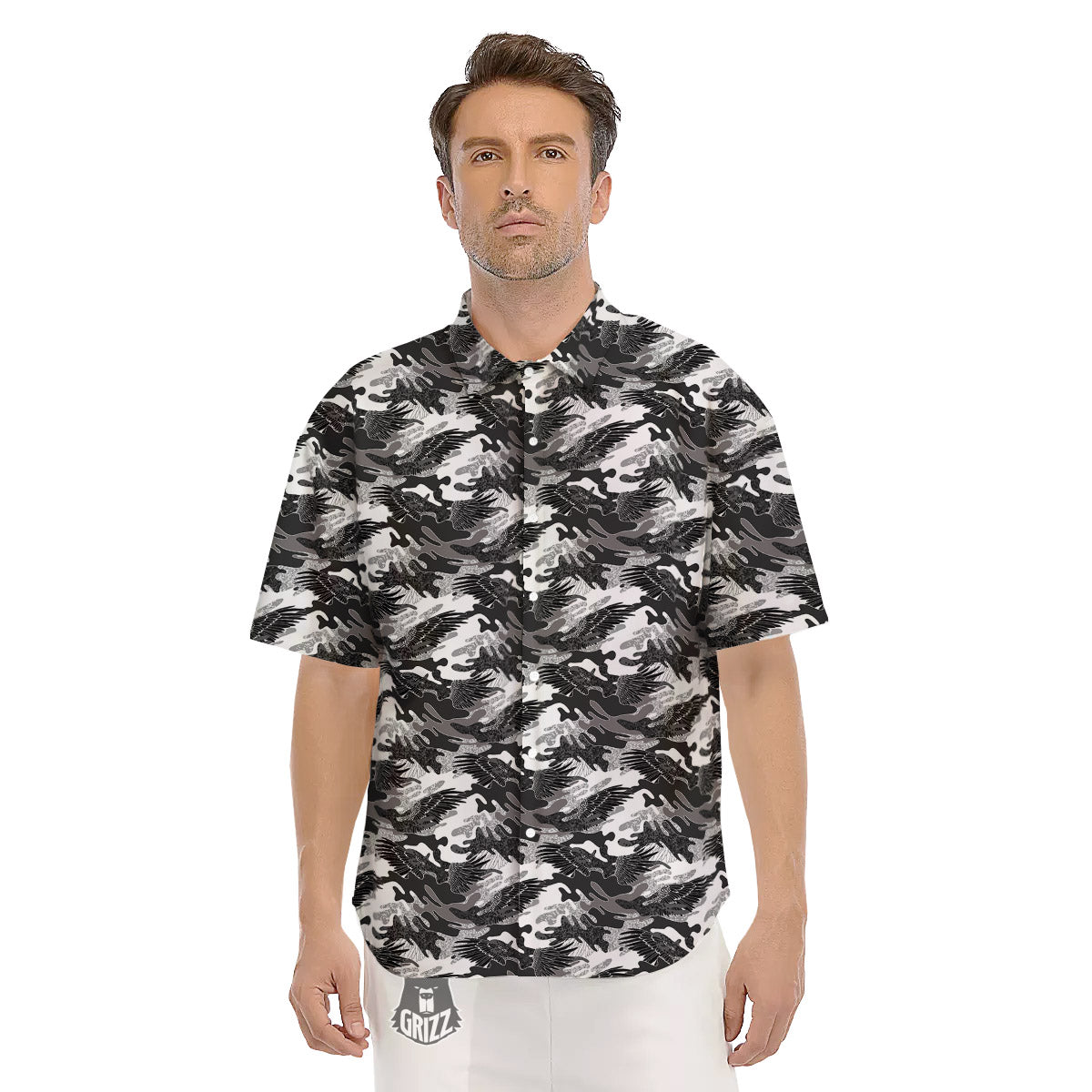 Camouflage Black Wings Print Pattern Men's Short Sleeve Shirts-grizzshop