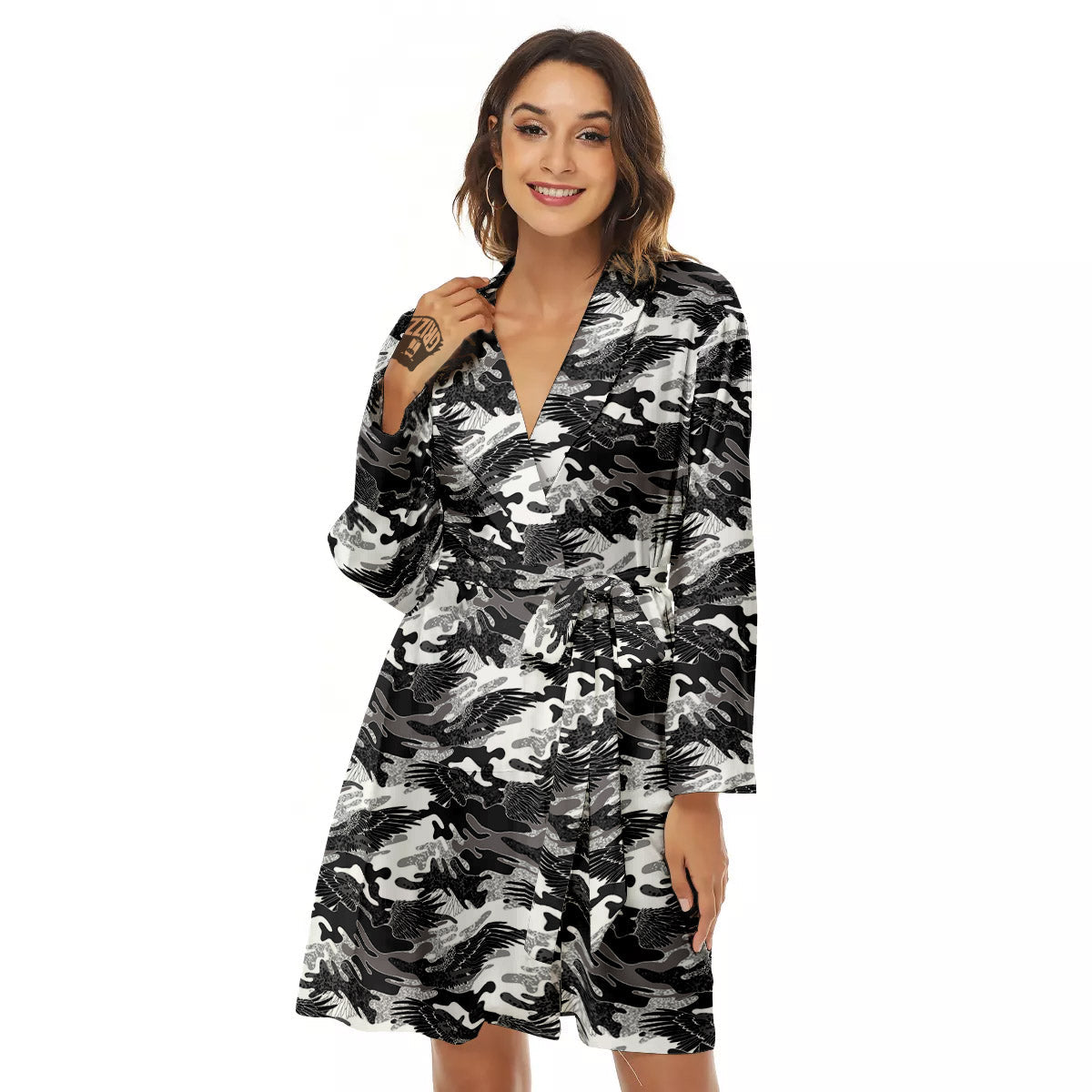 Camouflage Black Wings Print Pattern Women's Robe-grizzshop