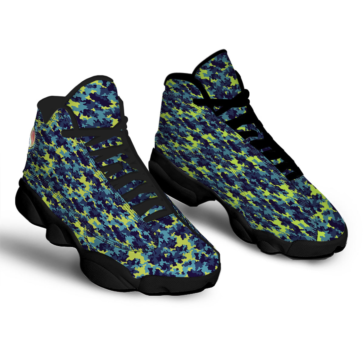 Camouflage Blue And Neon Green Print Pattern Black Basketball Shoes-grizzshop