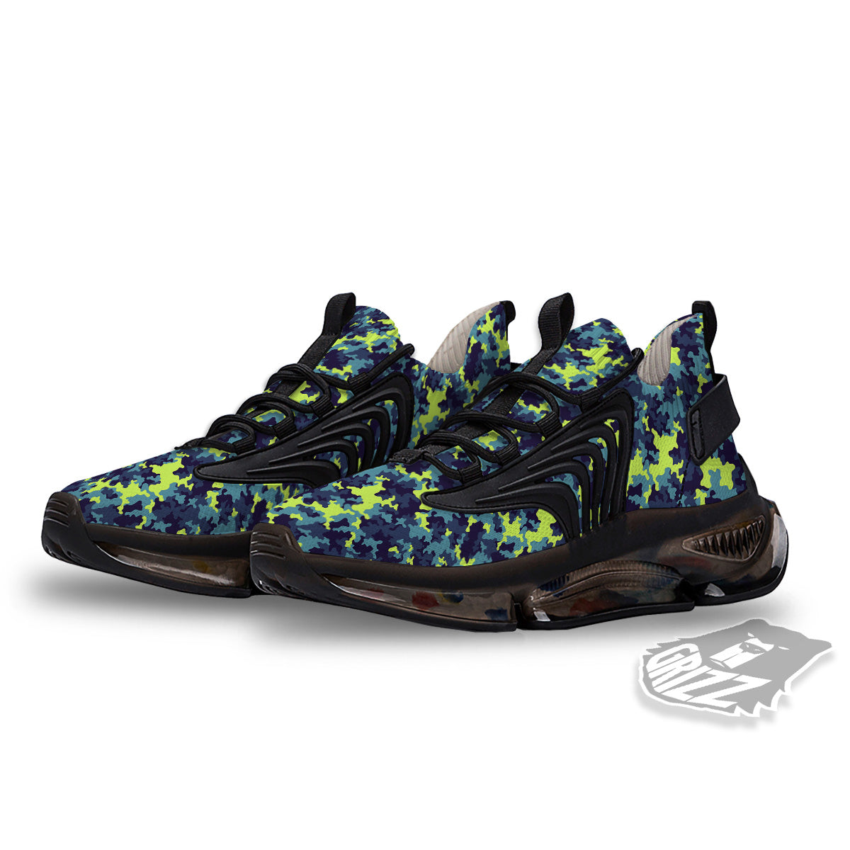 Camouflage Blue And Neon Green Print Pattern Black Gym Shoes-grizzshop