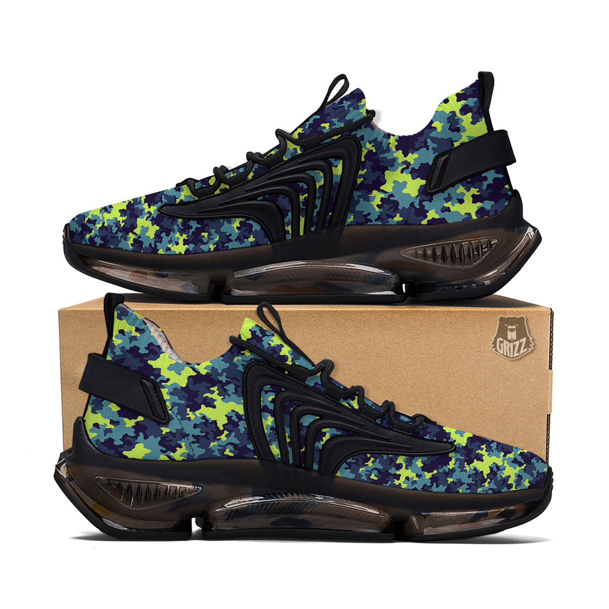 Camouflage Blue And Neon Green Print Pattern Black Gym Shoes-grizzshop