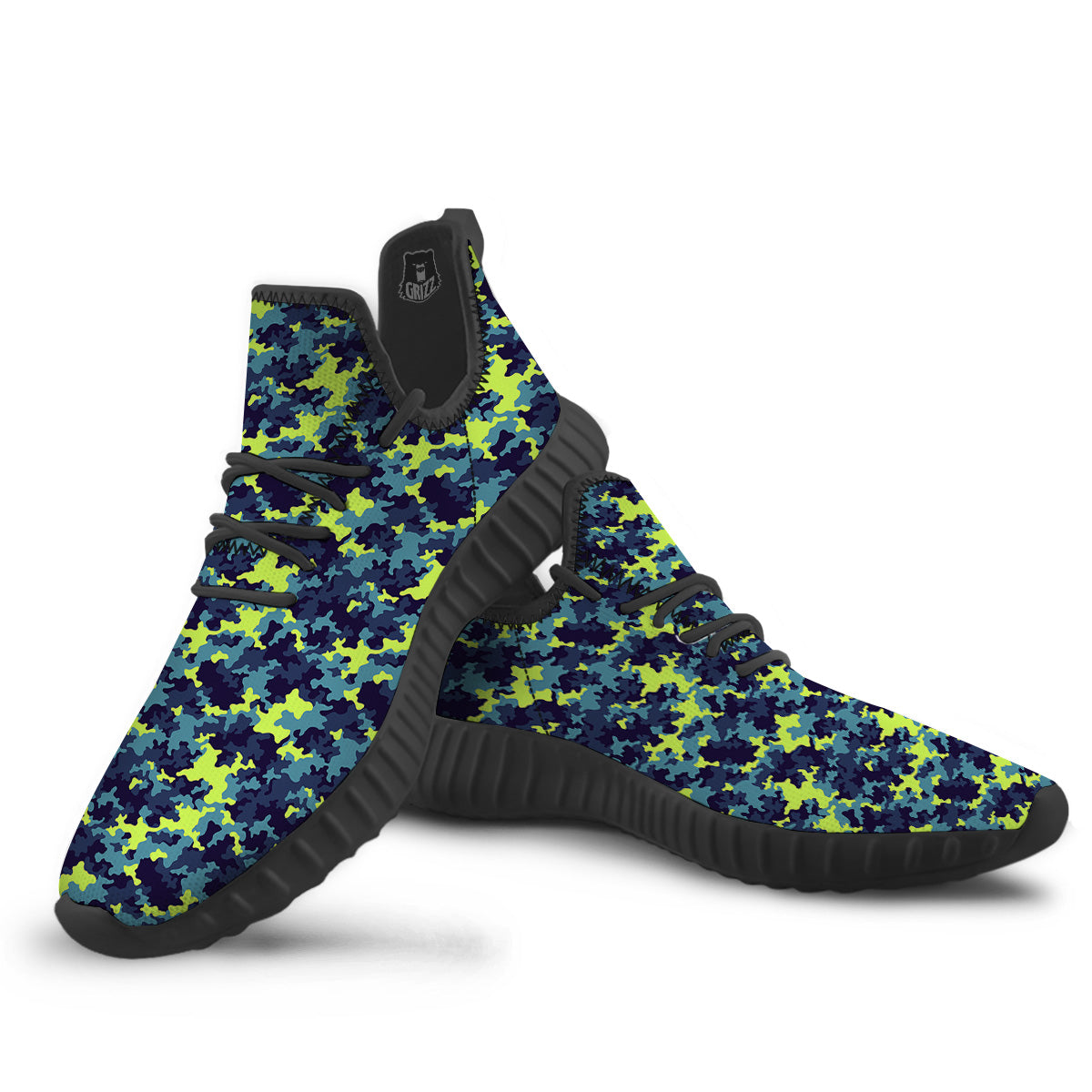 Camouflage Blue And Neon Green Print Pattern Black Walking Shoes-grizzshop