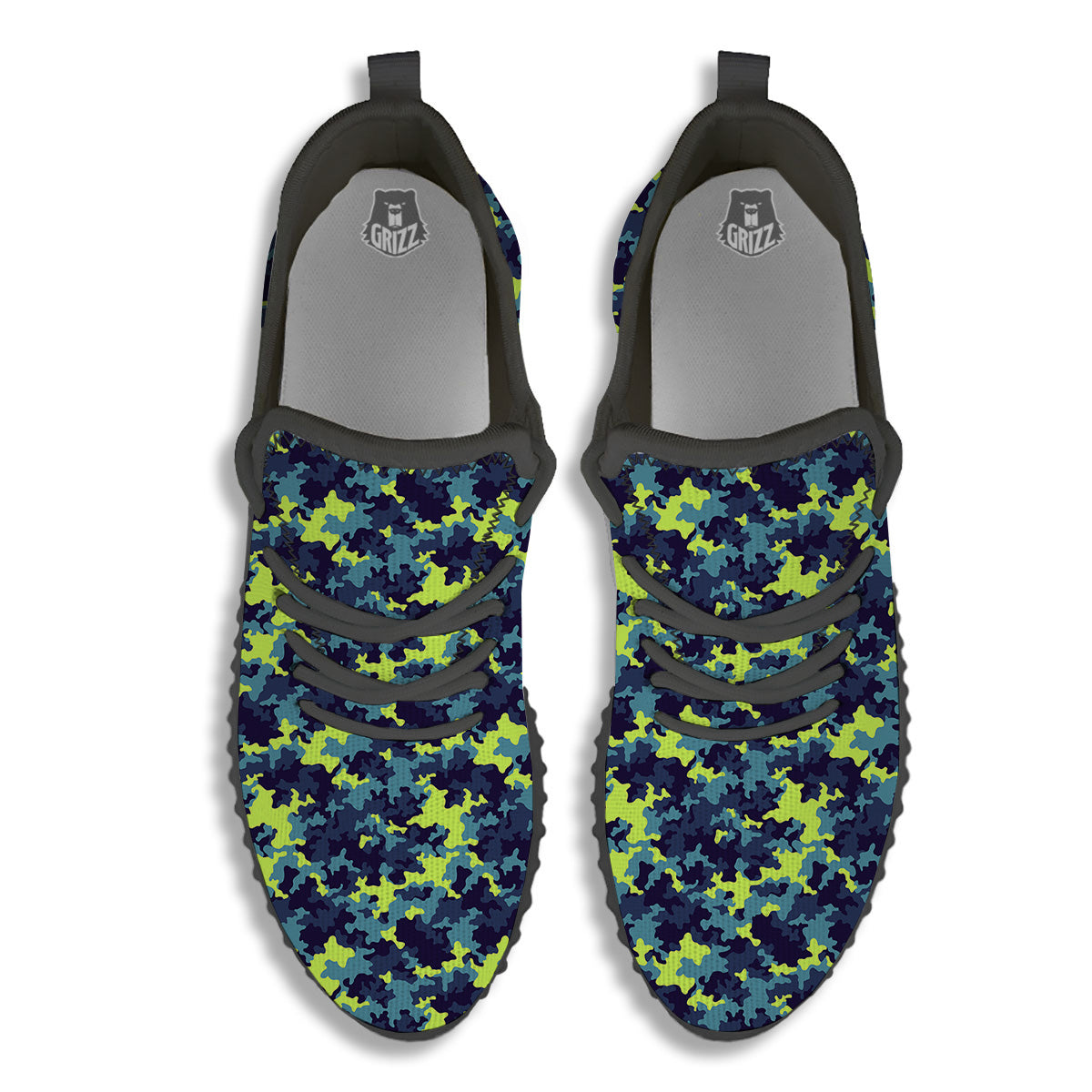 Camouflage Blue And Neon Green Print Pattern Black Walking Shoes-grizzshop