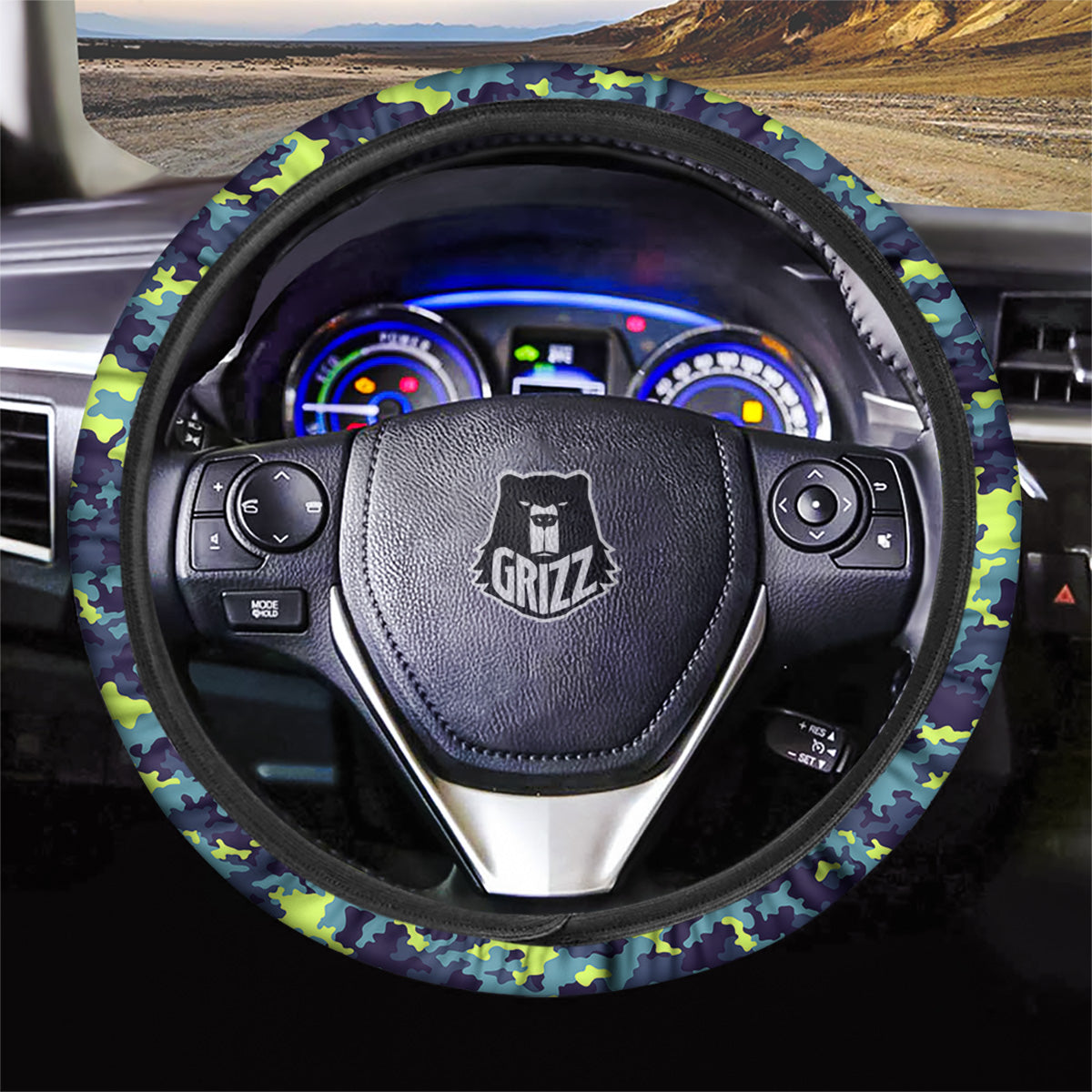 Camouflage Blue And Neon Green Print Pattern Car Steering Wheel Cover-grizzshop