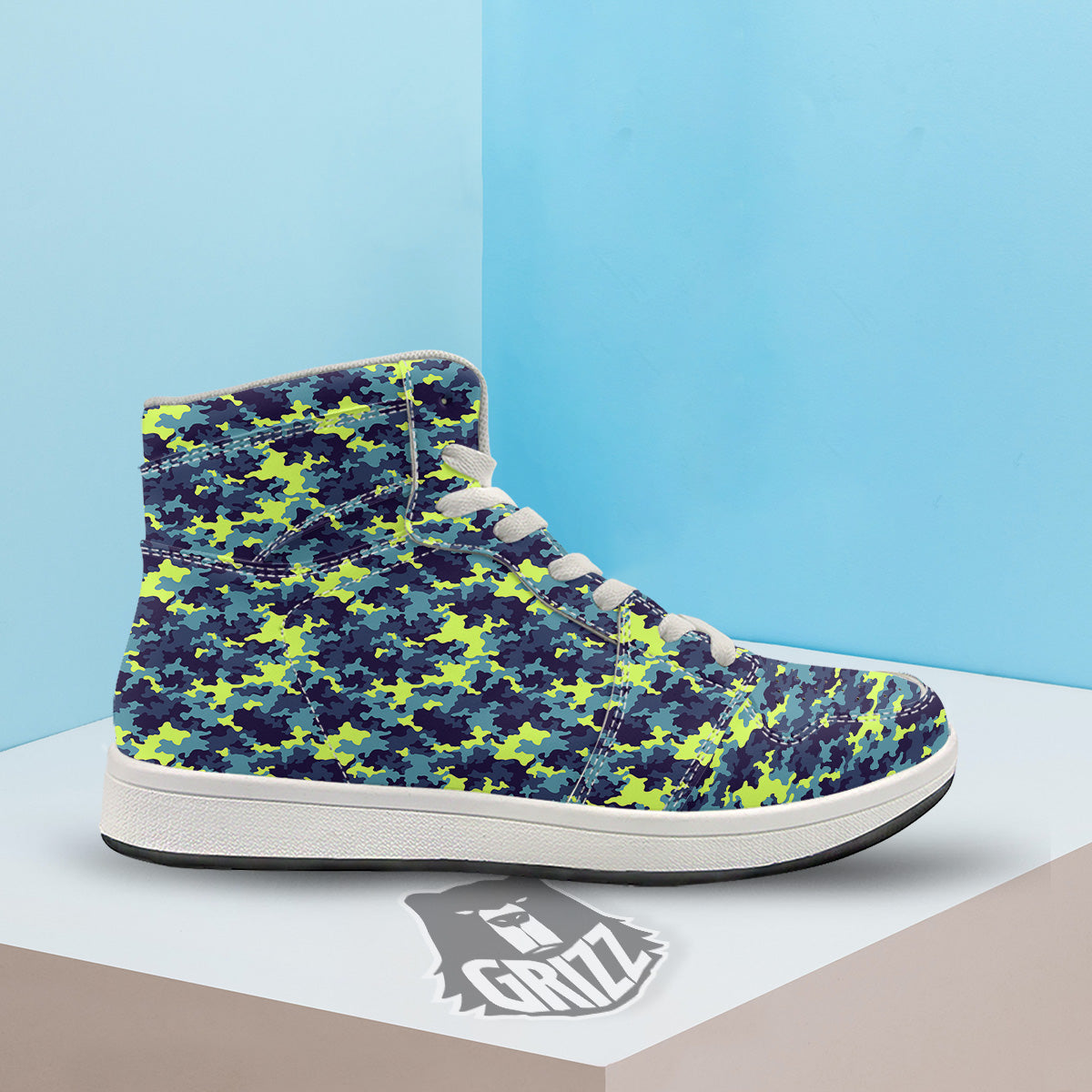Camouflage Blue And Neon Green Print Pattern High Top Sneakers-grizzshop