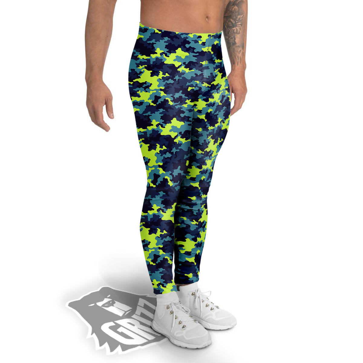 Camouflage Blue And Neon Green Print Pattern Men's Leggings-grizzshop