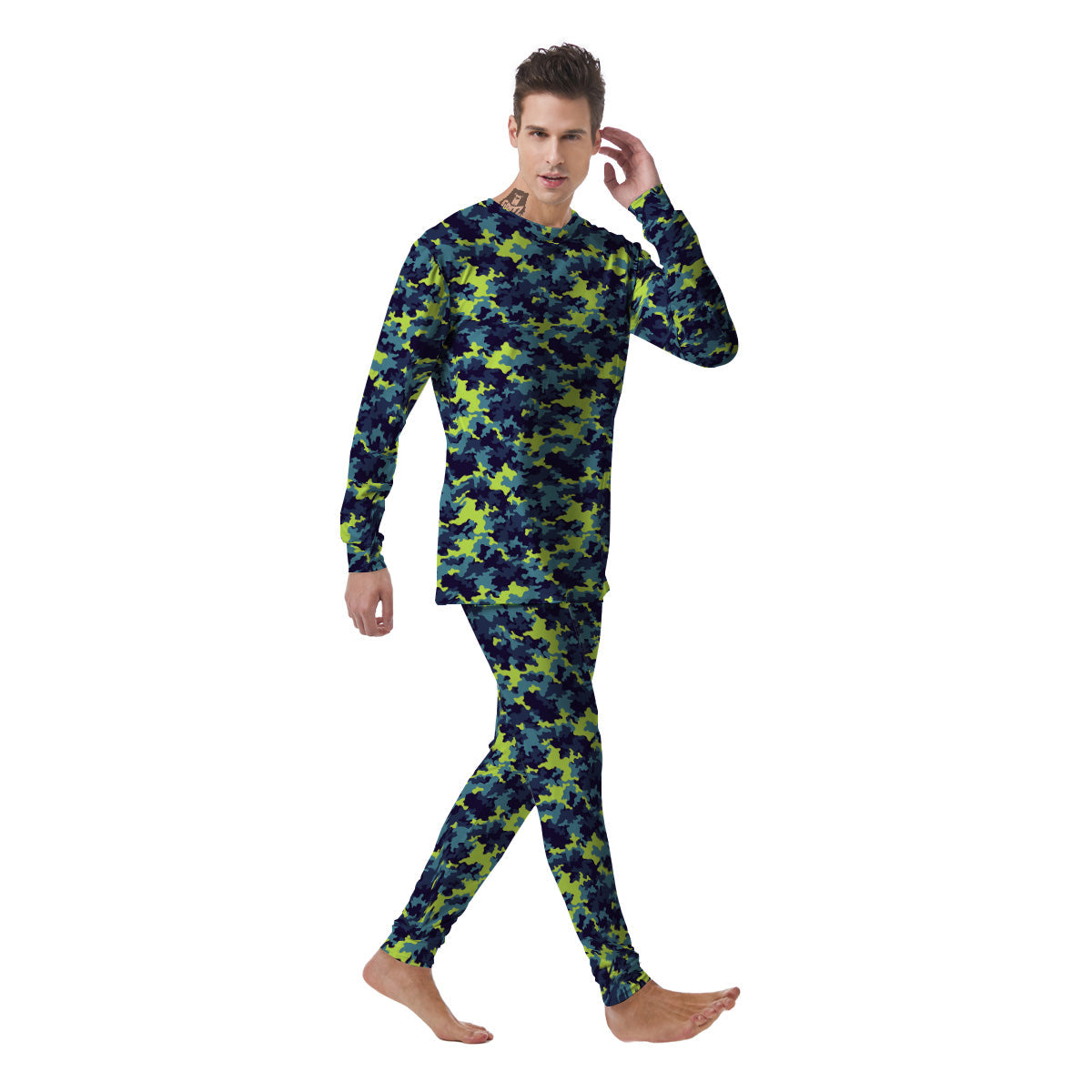 Camouflage Blue And Neon Green Print Pattern Men's Pajamas-grizzshop