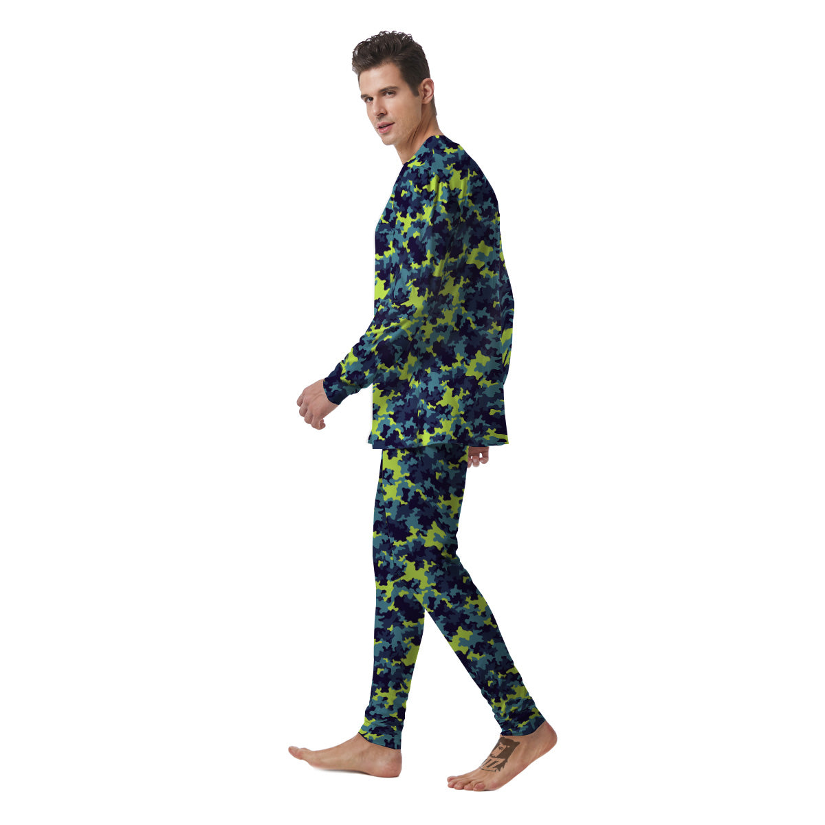 Camouflage Blue And Neon Green Print Pattern Men's Pajamas-grizzshop