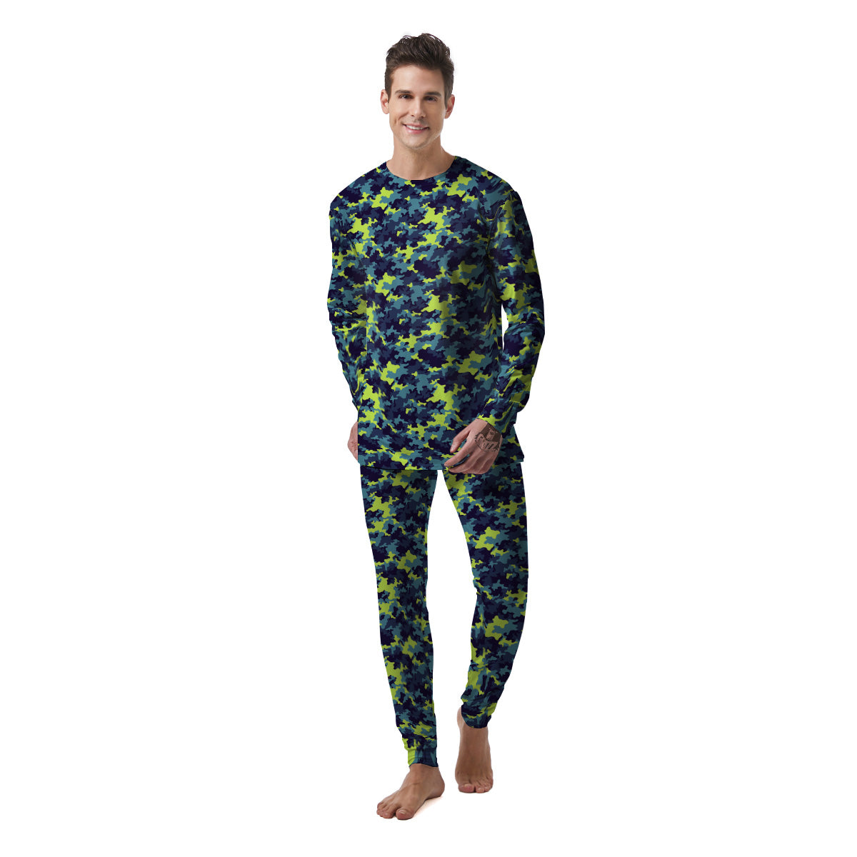 Camouflage Blue And Neon Green Print Pattern Men's Pajamas-grizzshop