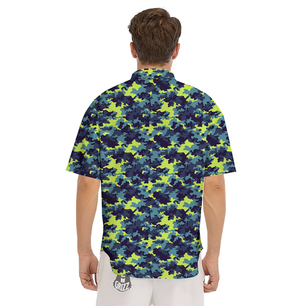 Camouflage Blue And Neon Green Print Pattern Men's Short Sleeve Shirts-grizzshop