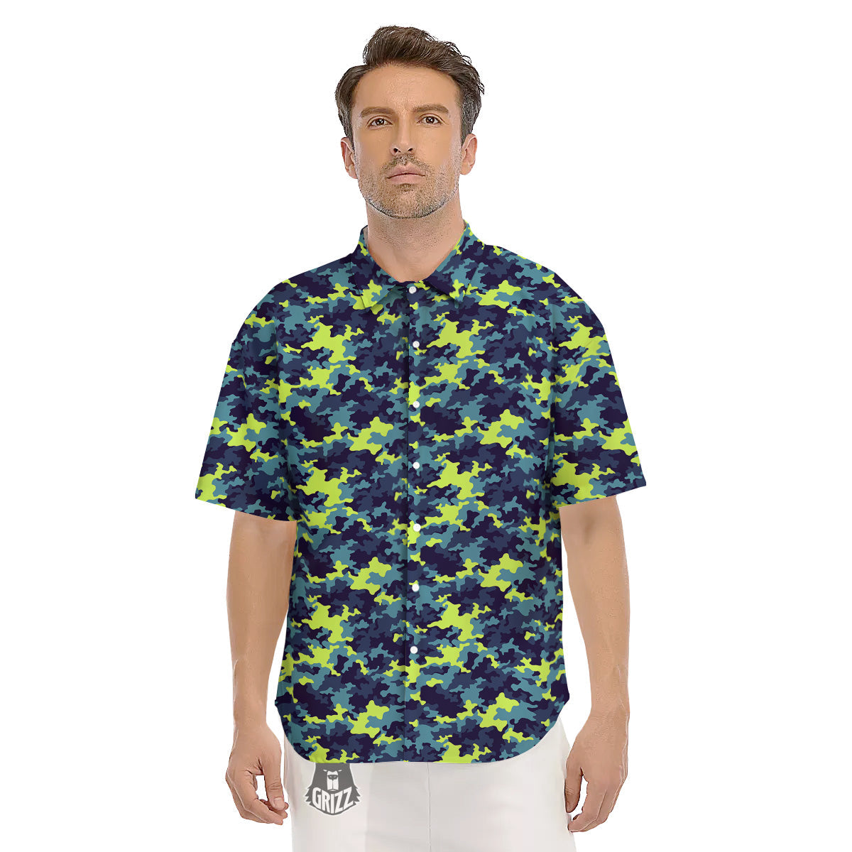 Camouflage Blue And Neon Green Print Pattern Men's Short Sleeve Shirts-grizzshop