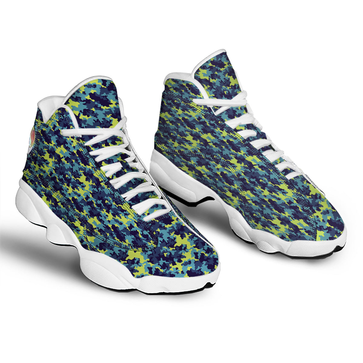 Camouflage Blue And Neon Green Print Pattern White Basketball Shoes-grizzshop