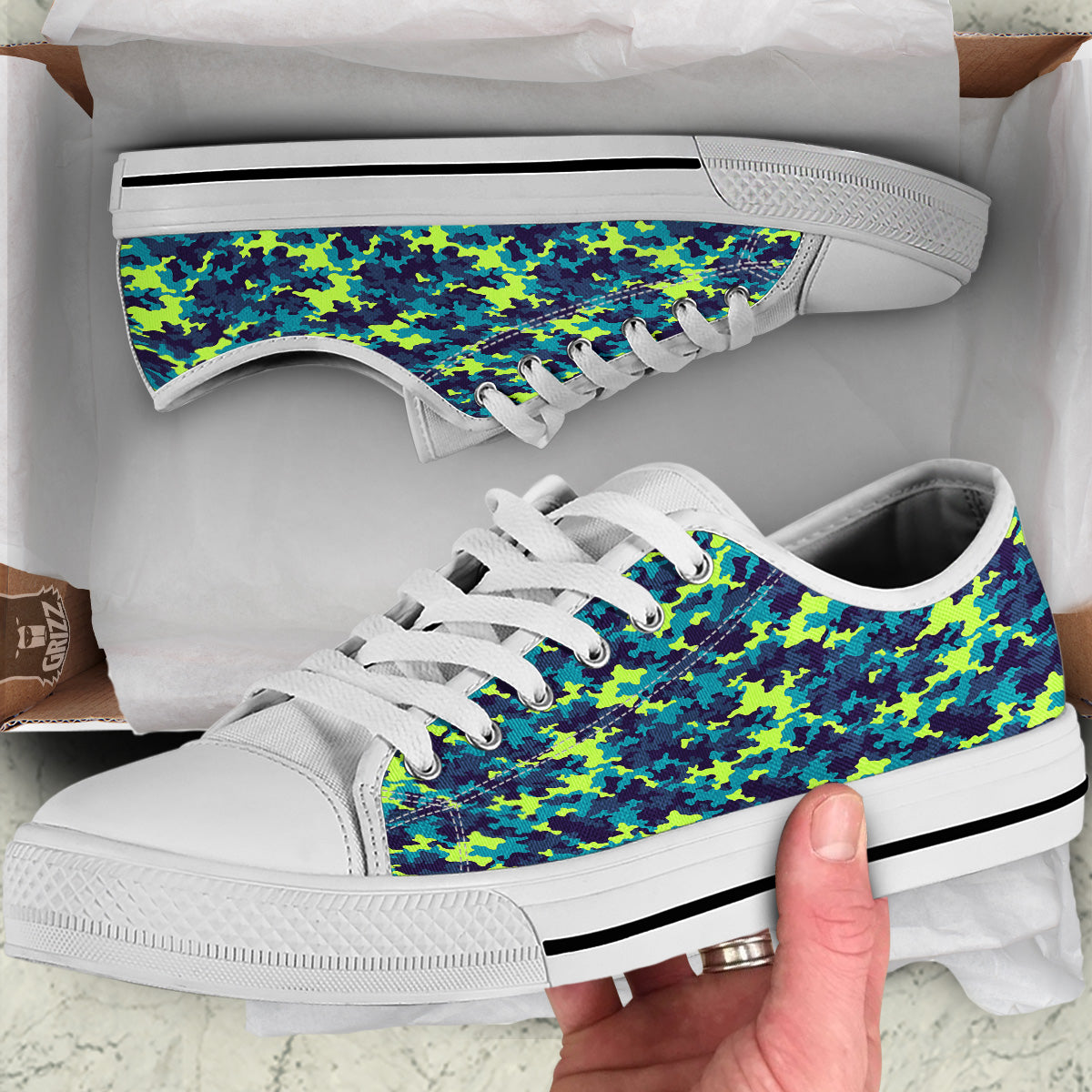 Camouflage Blue And Neon Green Print Pattern White Low Top Shoes-grizzshop