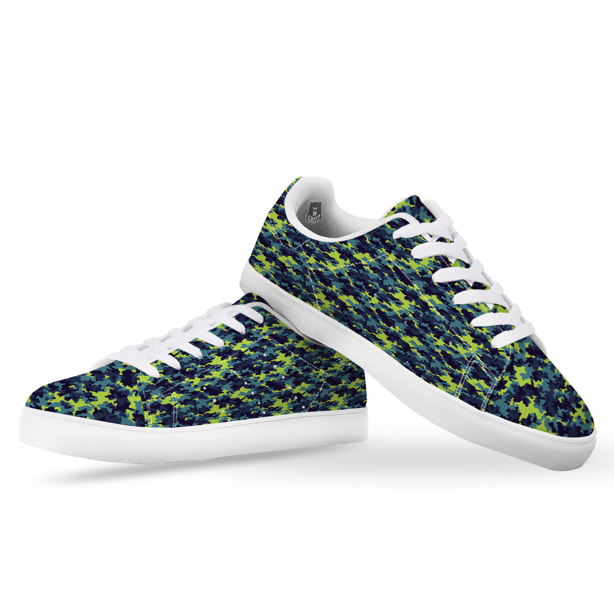 Camouflage Blue And Neon Green Print Pattern White Low Top Sneakers-grizzshop