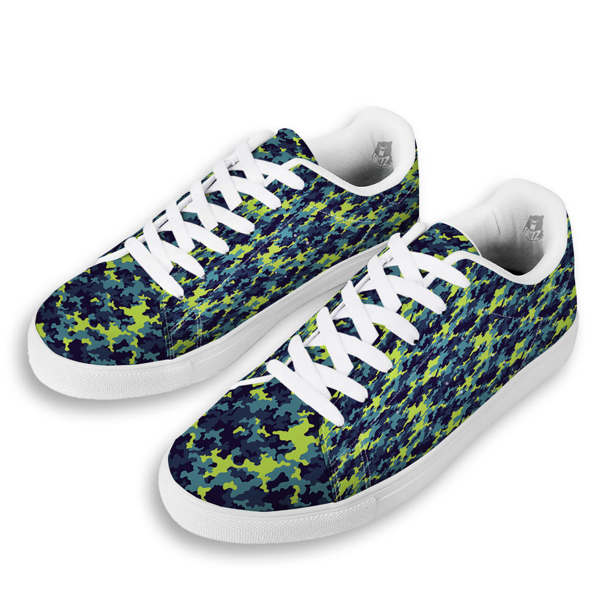 Camouflage Blue And Neon Green Print Pattern White Low Top Sneakers-grizzshop