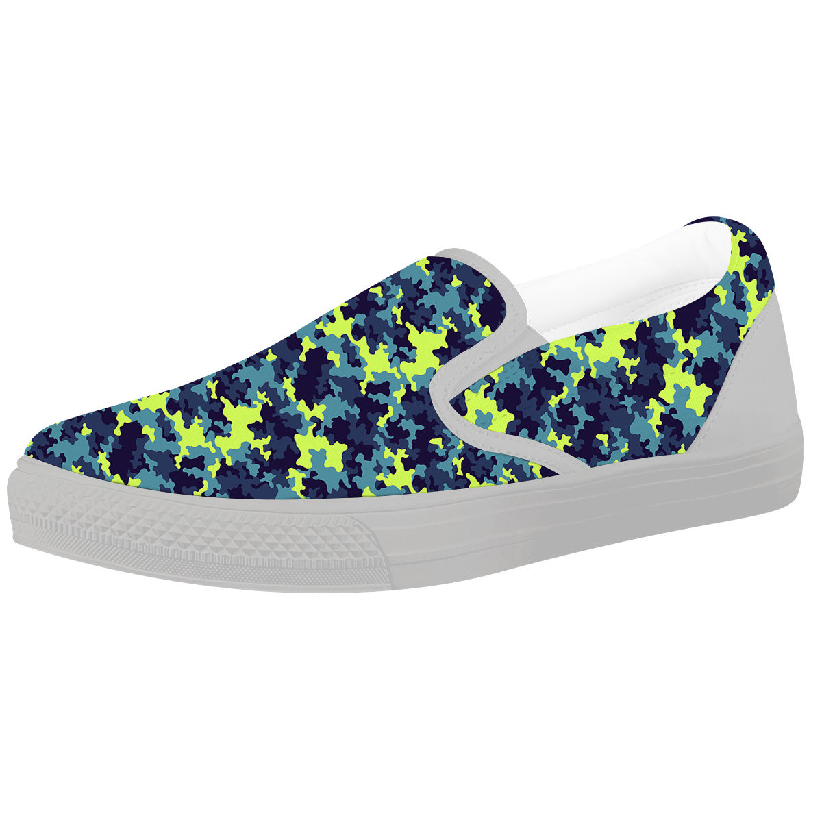 Camouflage Blue And Neon Green Print Pattern White Slip On Shoes-grizzshop