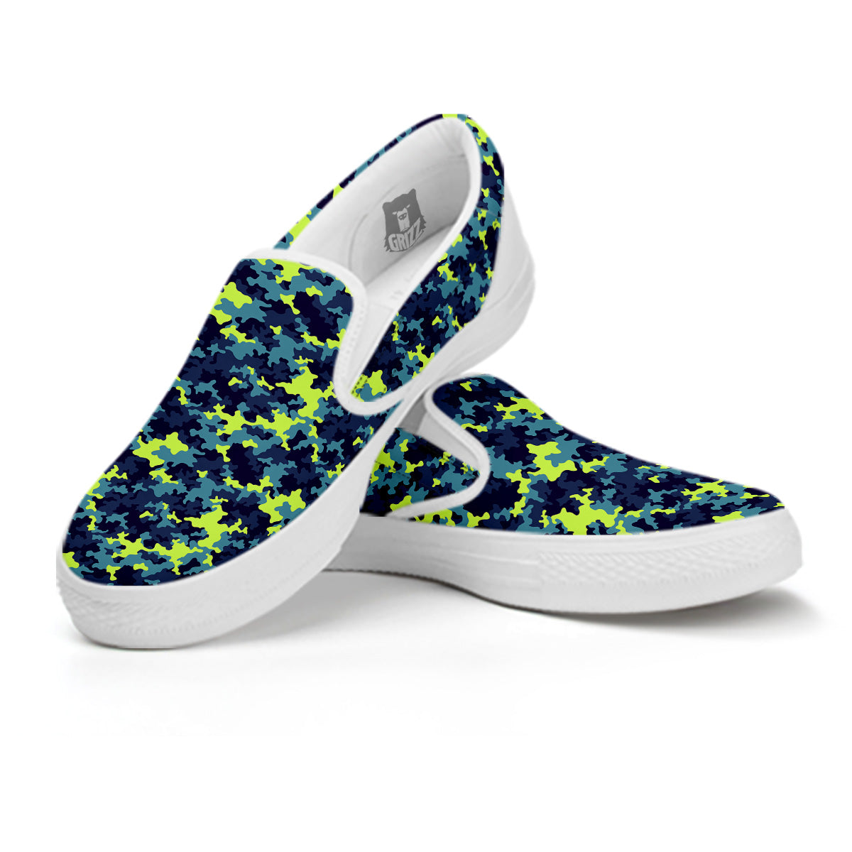 Camouflage Blue And Neon Green Print Pattern White Slip On Shoes-grizzshop