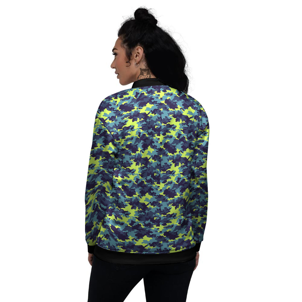 Camouflage Blue And Neon Green Print Pattern Women's Bomber Jacket-grizzshop