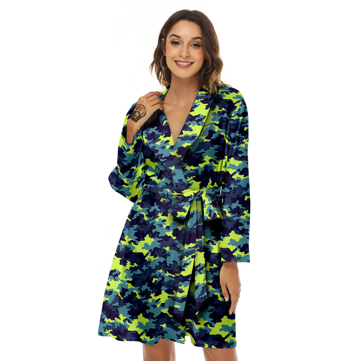 Camouflage Blue And Neon Green Print Pattern Women's Robe-grizzshop