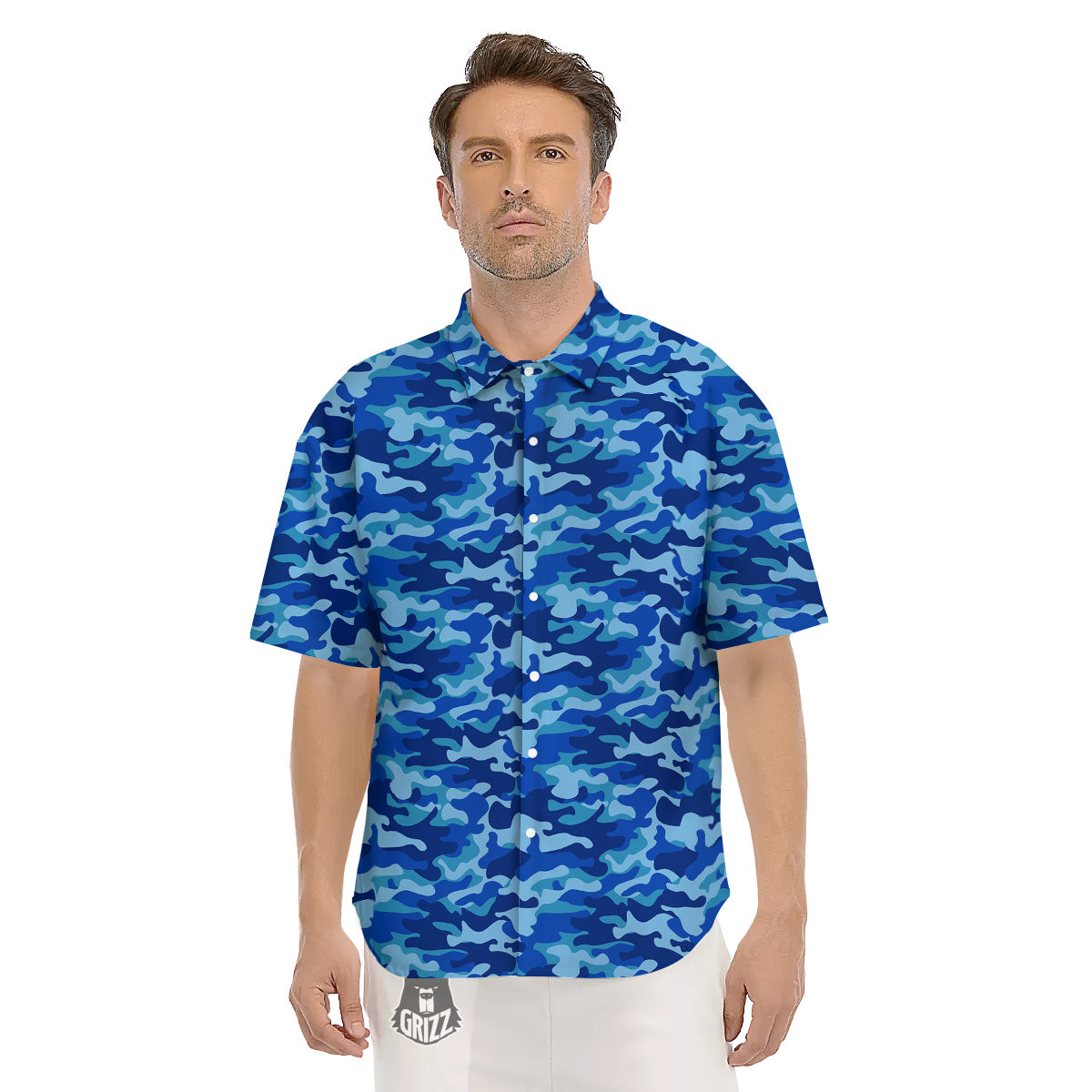 Camouflage Blue Print Men's Short Sleeve Shirts-grizzshop