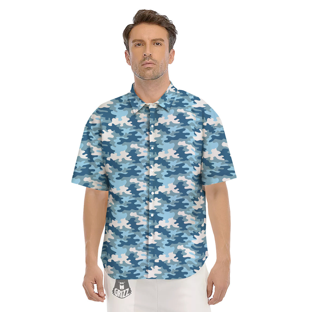 Camouflage Blue Snow Print Men's Short Sleeve Shirts-grizzshop