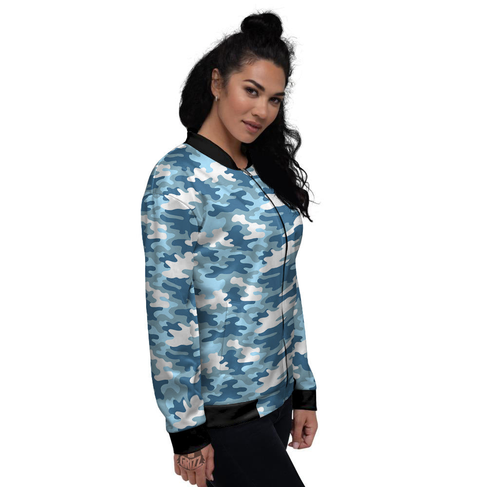 Camouflage Blue Snow Print Women's Bomber Jacket-grizzshop