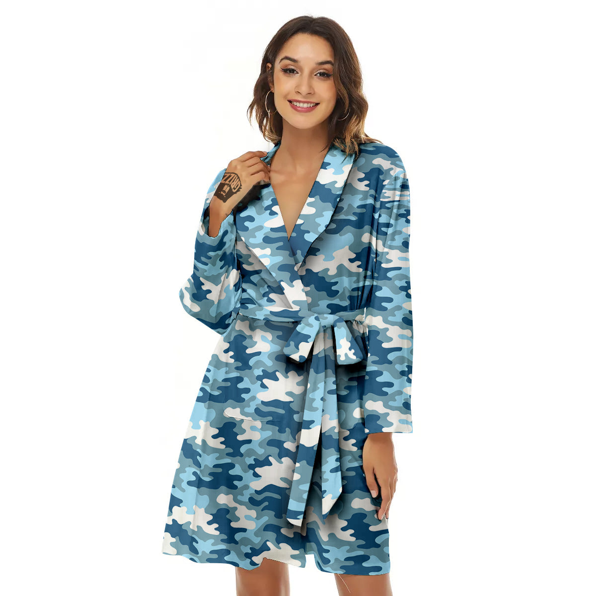 Camouflage Blue Snow Print Women's Robe-grizzshop