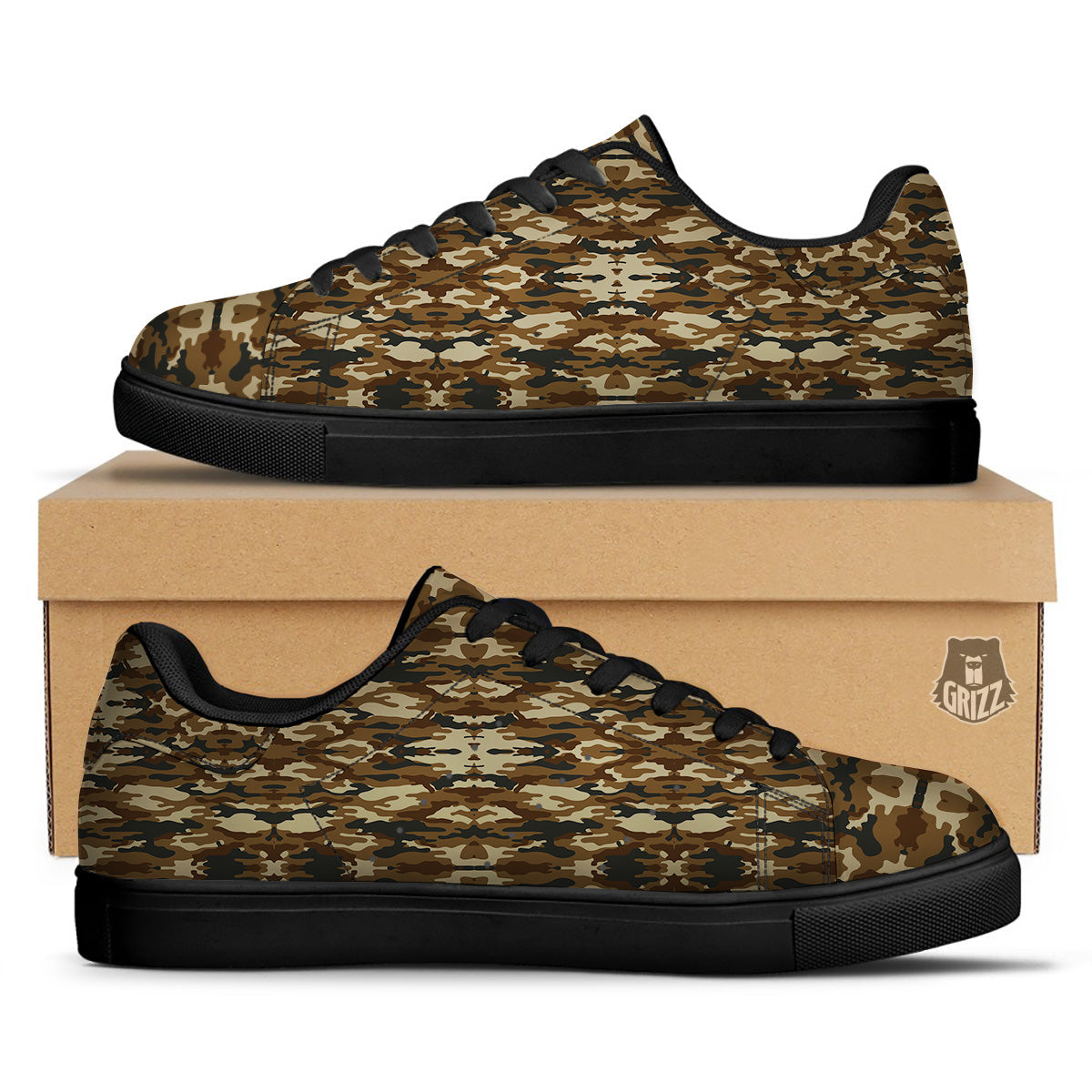 Camouflage Brown Print Black Low Top Sneakers-grizzshop
