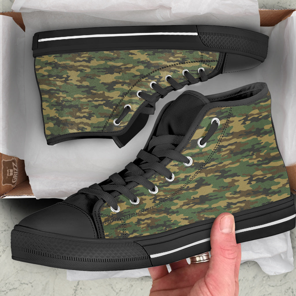 Camouflage Classic Green Print Black High Top Shoes-grizzshop