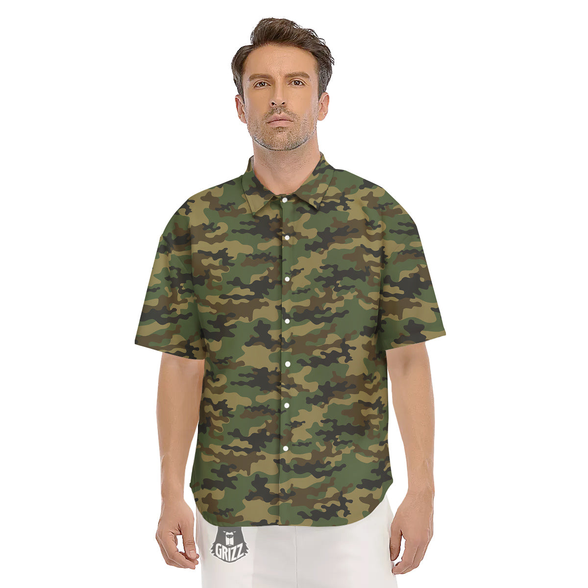 Camouflage Classic Green Print Men's Short Sleeve Shirts-grizzshop