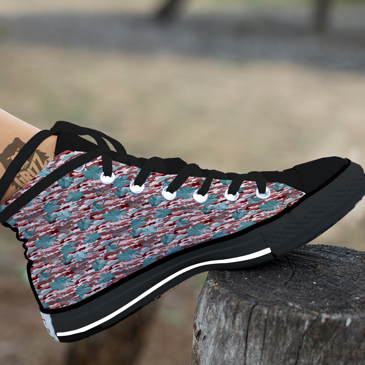 Camouflage Flower Colorful Aloha Print Black High Top Shoes-grizzshop