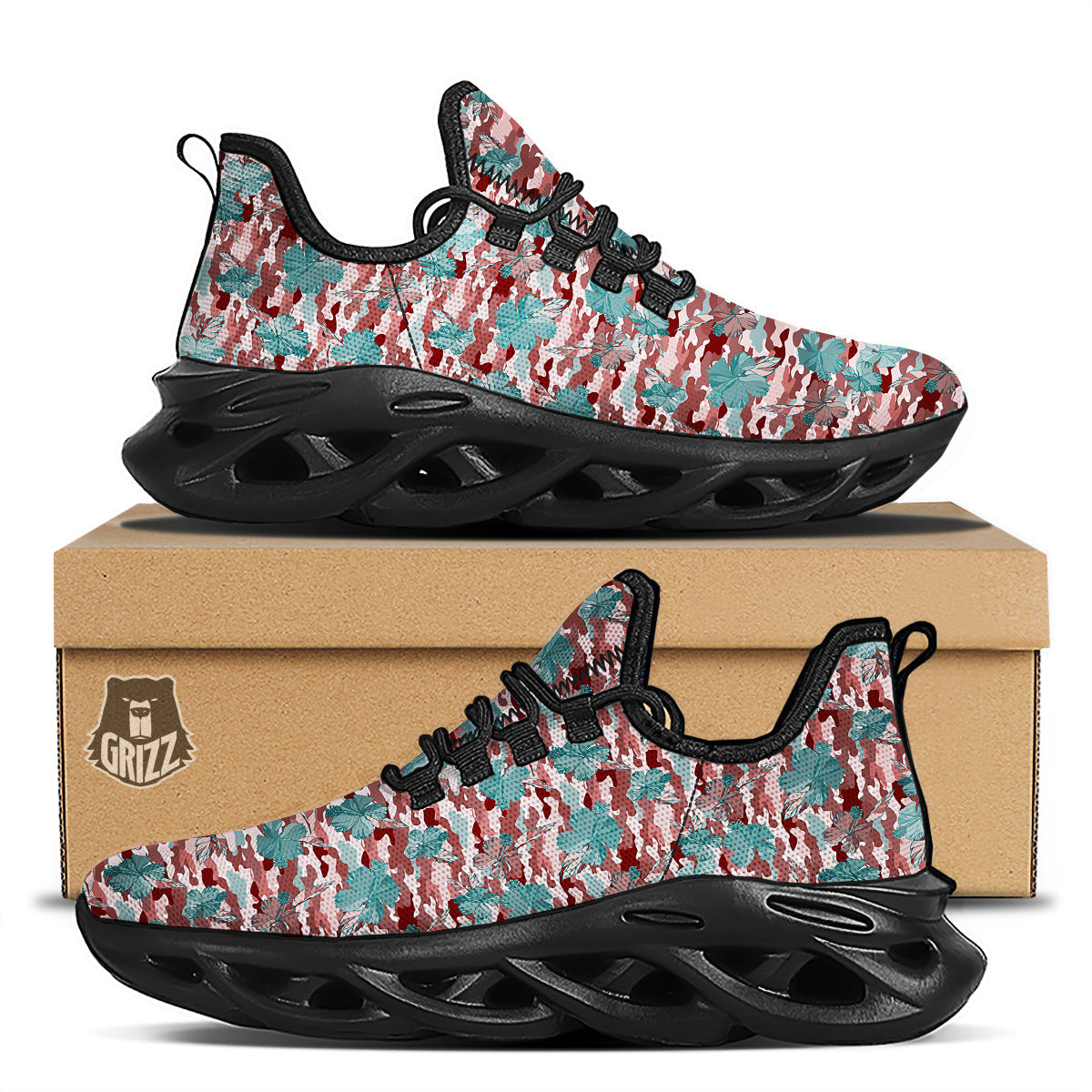 Camouflage Flower Colorful Aloha Print Black Running Shoes-grizzshop