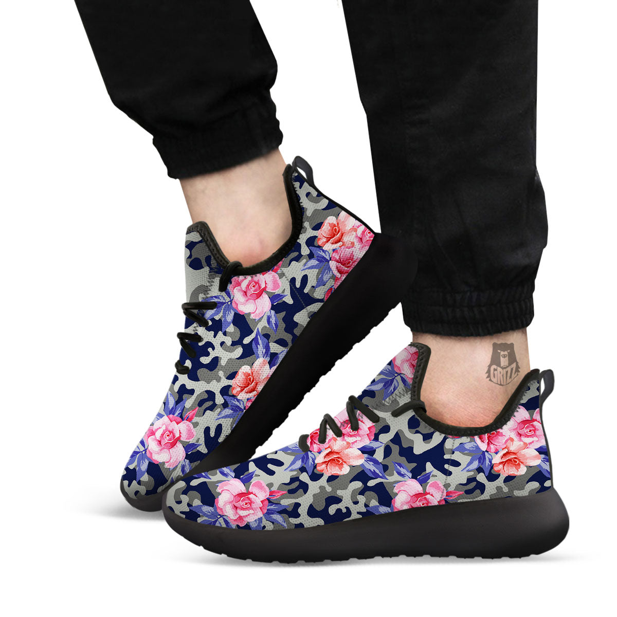 Camouflage Flower Pink Rose Print Black Athletic Shoes-grizzshop