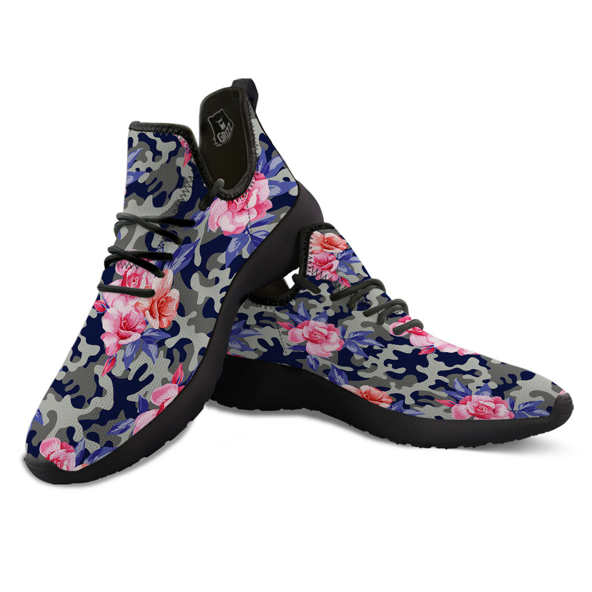 Camouflage Flower Pink Rose Print Black Athletic Shoes-grizzshop