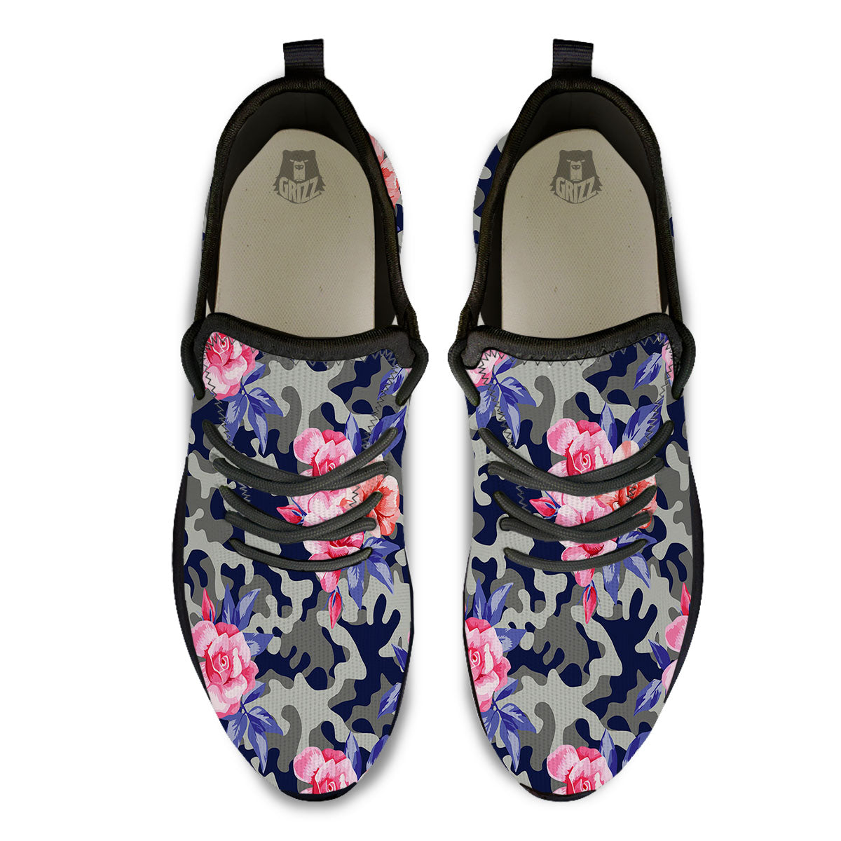 Camouflage Flower Pink Rose Print Black Athletic Shoes-grizzshop